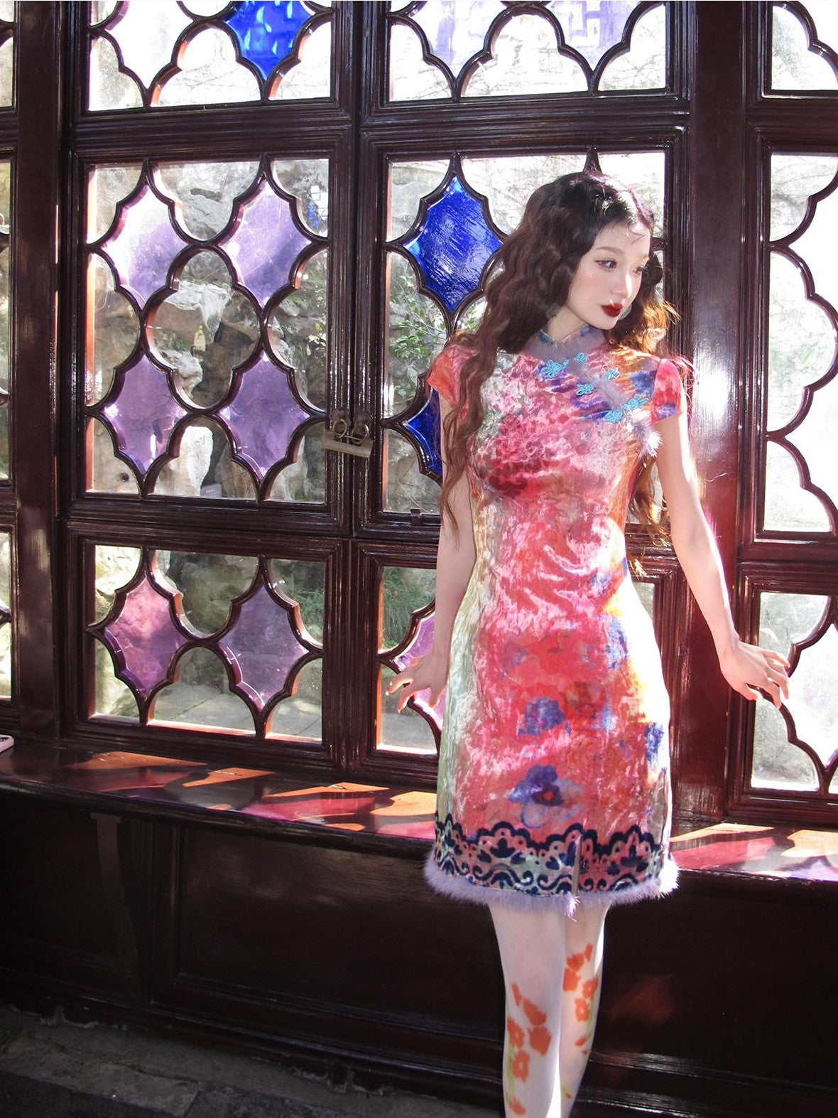 cidhiidhi Printed Cinched Waist Modern Chinese Women's Velvet Cheongsam Dresses