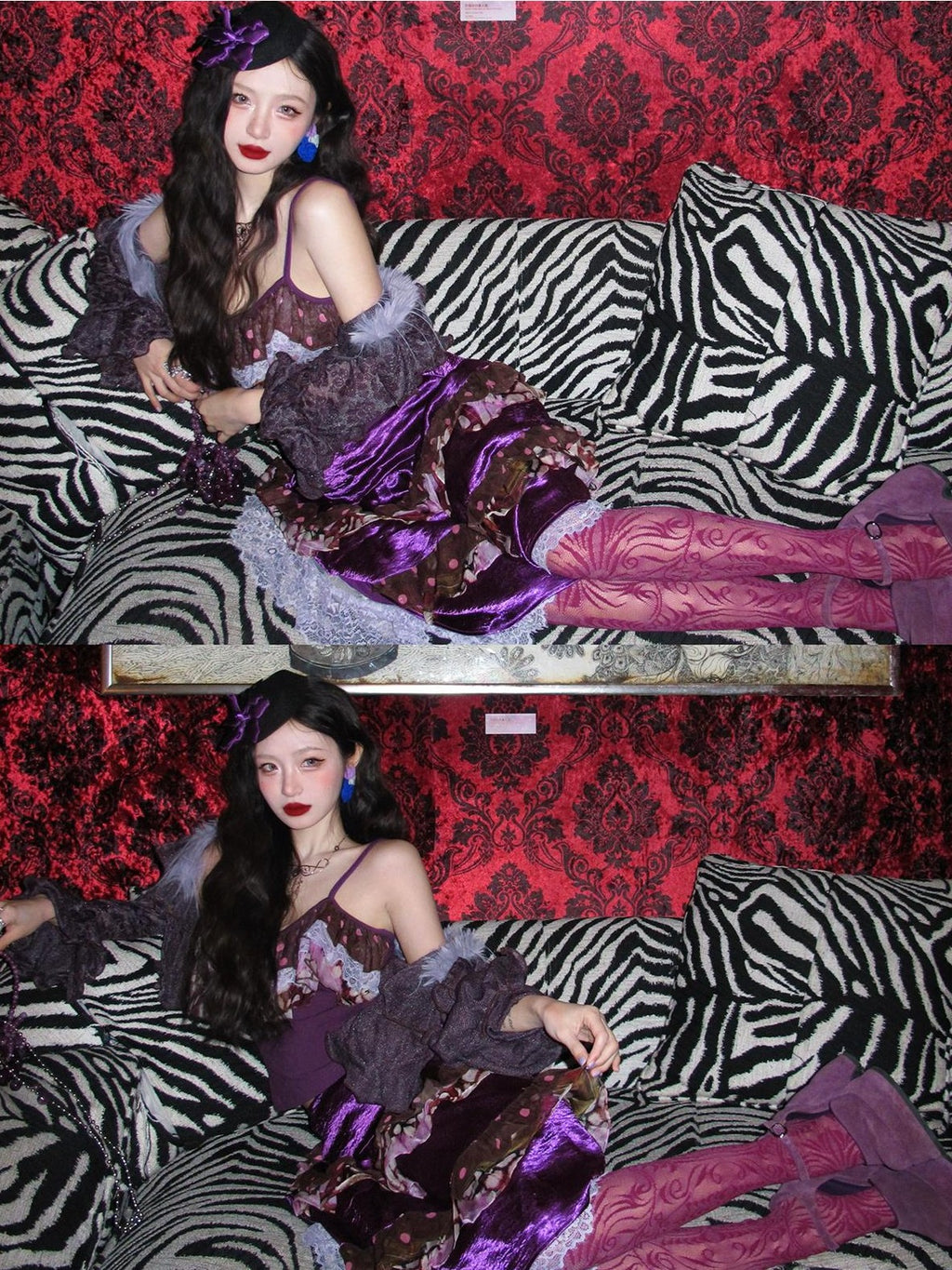 cidhiidhi Purple Color Block Lace Ruffle Spliced V-neck Cami Women's Matching Skirt Sets