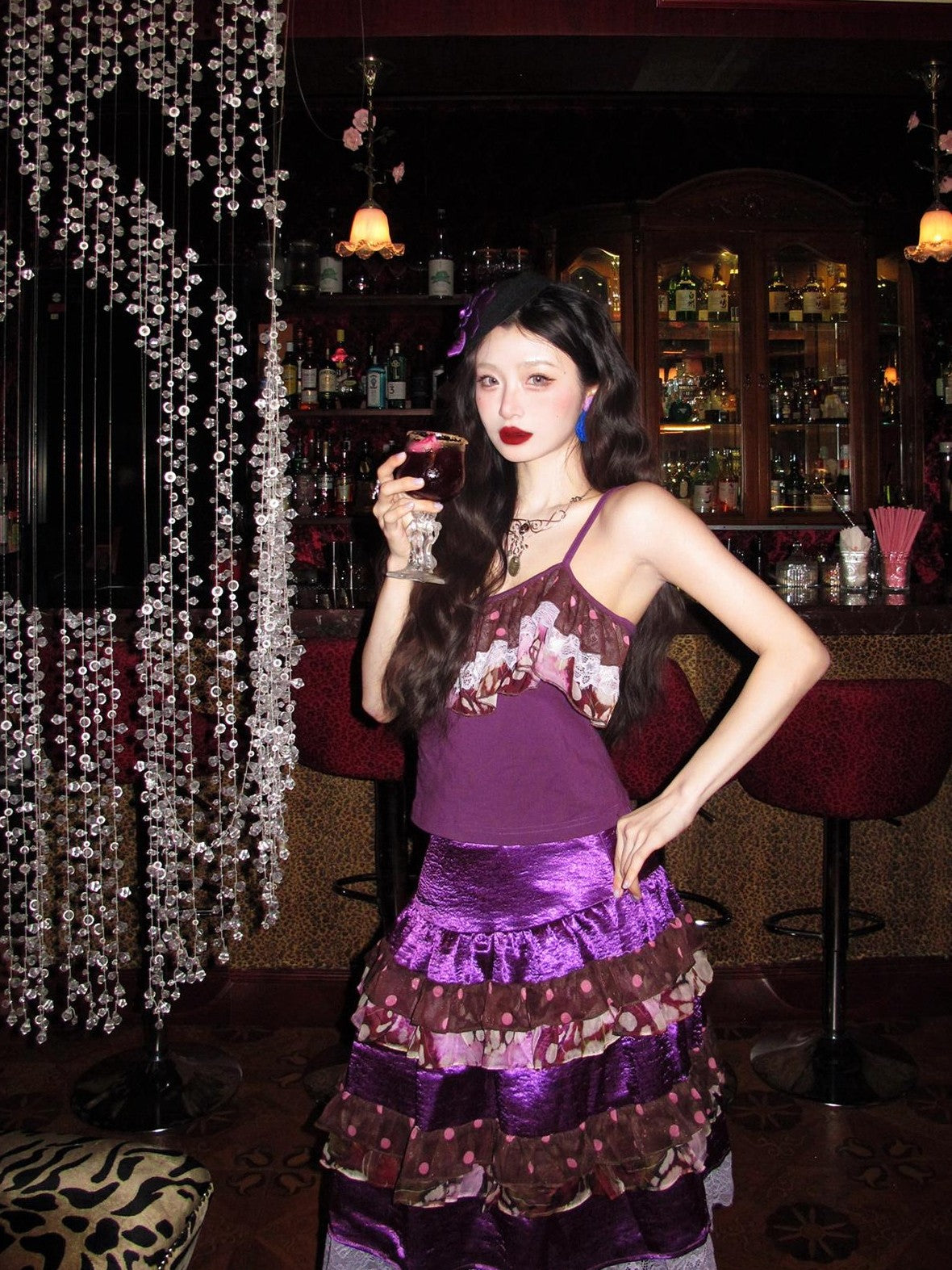 cidhiidhi Purple Color Block Lace Ruffle Spliced V-neck Cami Women's Matching Skirt Sets