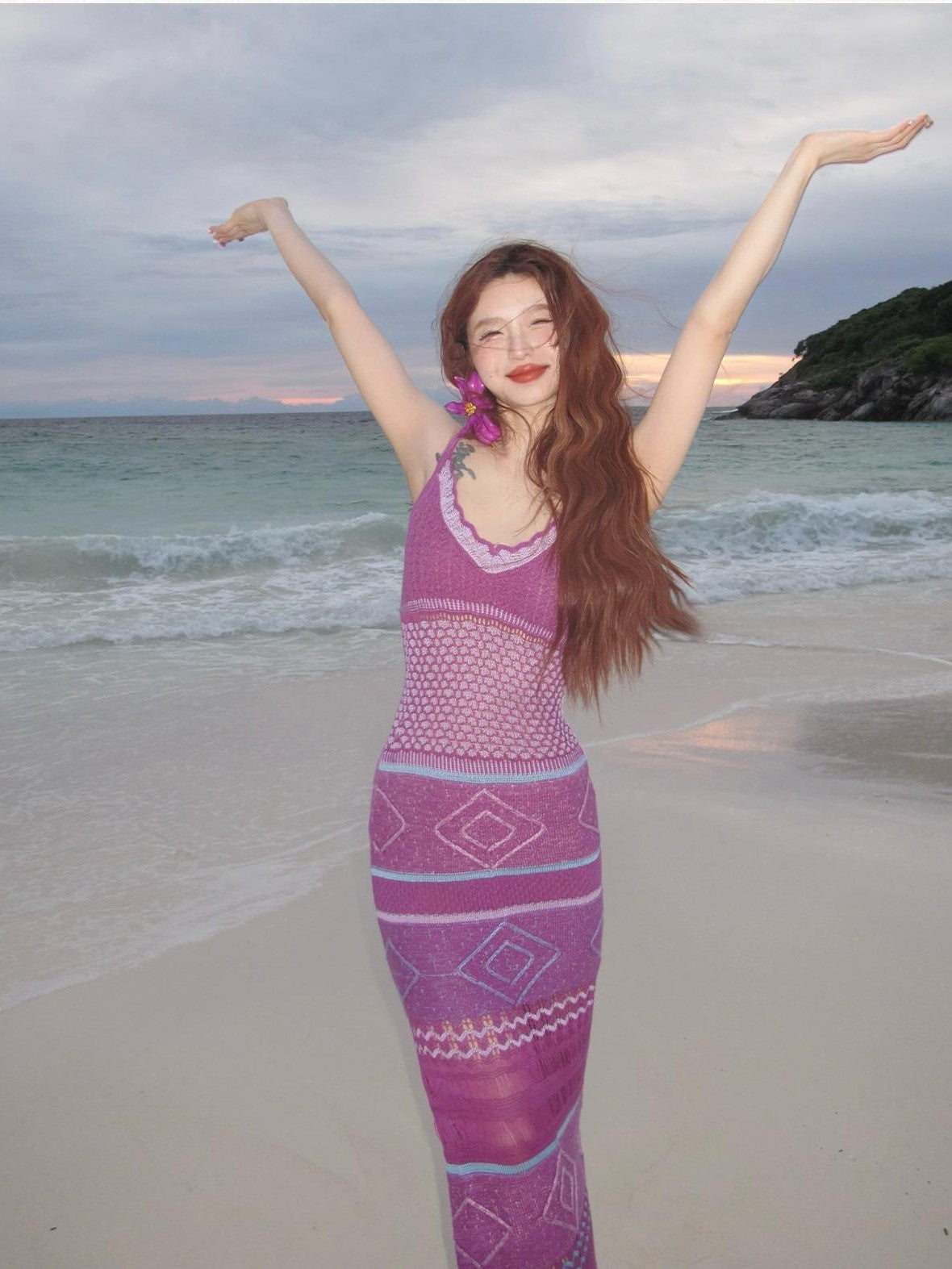 cidhiidhi Purple Jacquard Contrast Lace Strappy Women's Cotton Bodycon Maxi Dresses