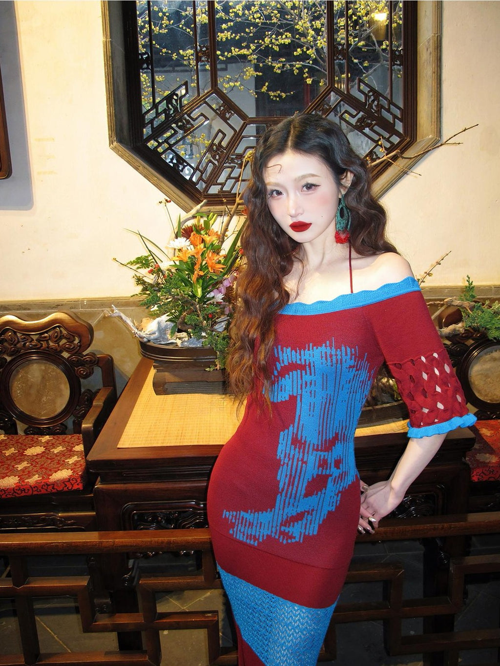 cidhiidhi Red Off Shoulder Jacquard Fishtail Women's Ice Silk Bodycon Maxi Dresses