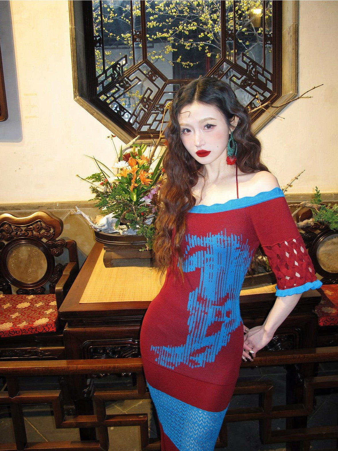 cidhiidhi Red Off Shoulder Jacquard Fishtail Women's Ice Silk Bodycon Maxi Dresses