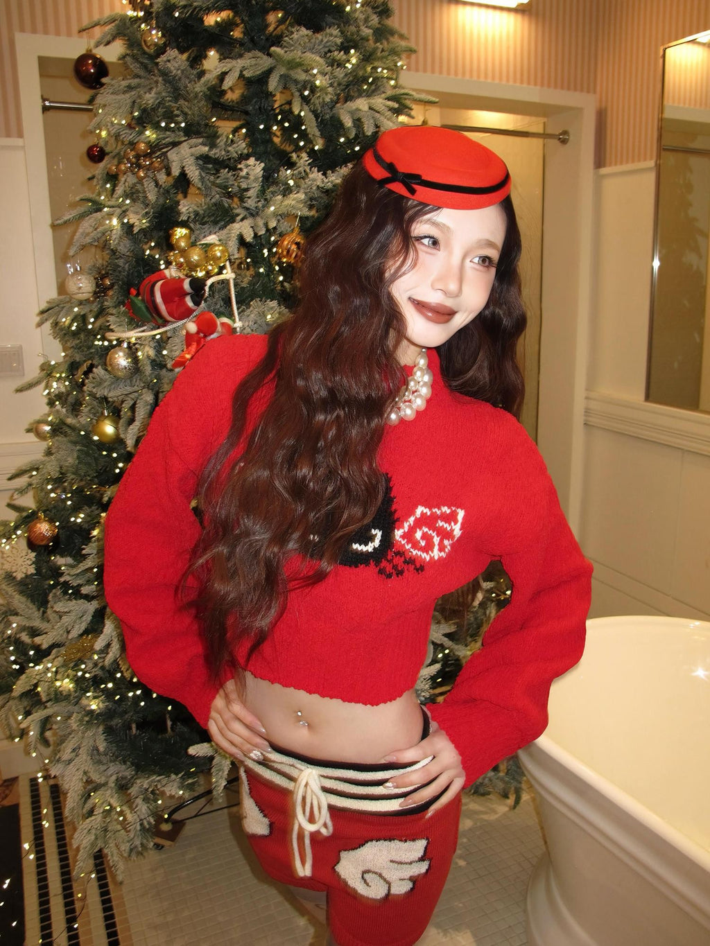 cidhiidhi Red Small Cat Jacquard Two Piece Long Sleeve High Waist Women's Knit Sweaters