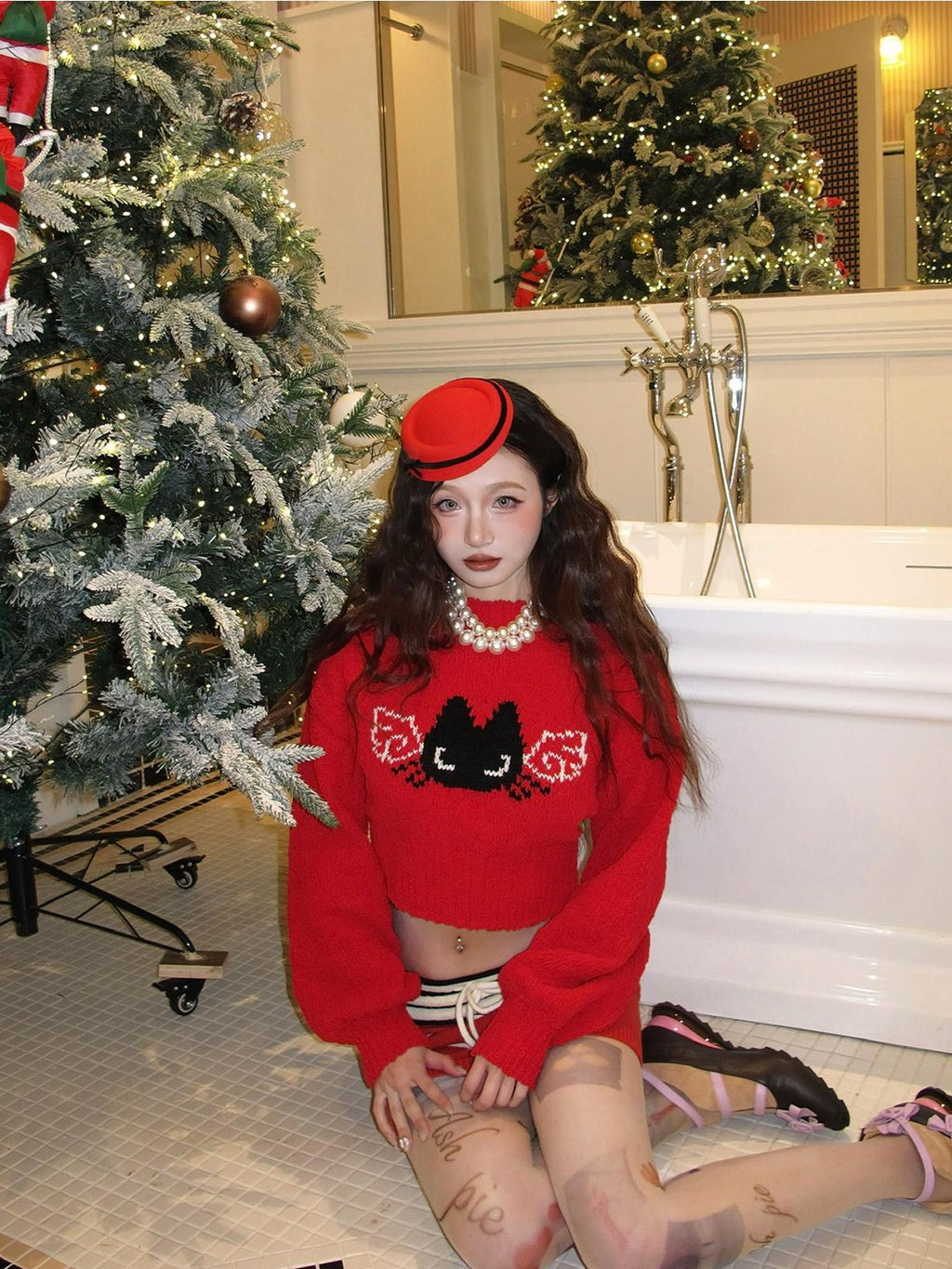 cidhiidhi Red Small Cat Jacquard Two Piece Long Sleeve High Waist Women's Knit Sweaters