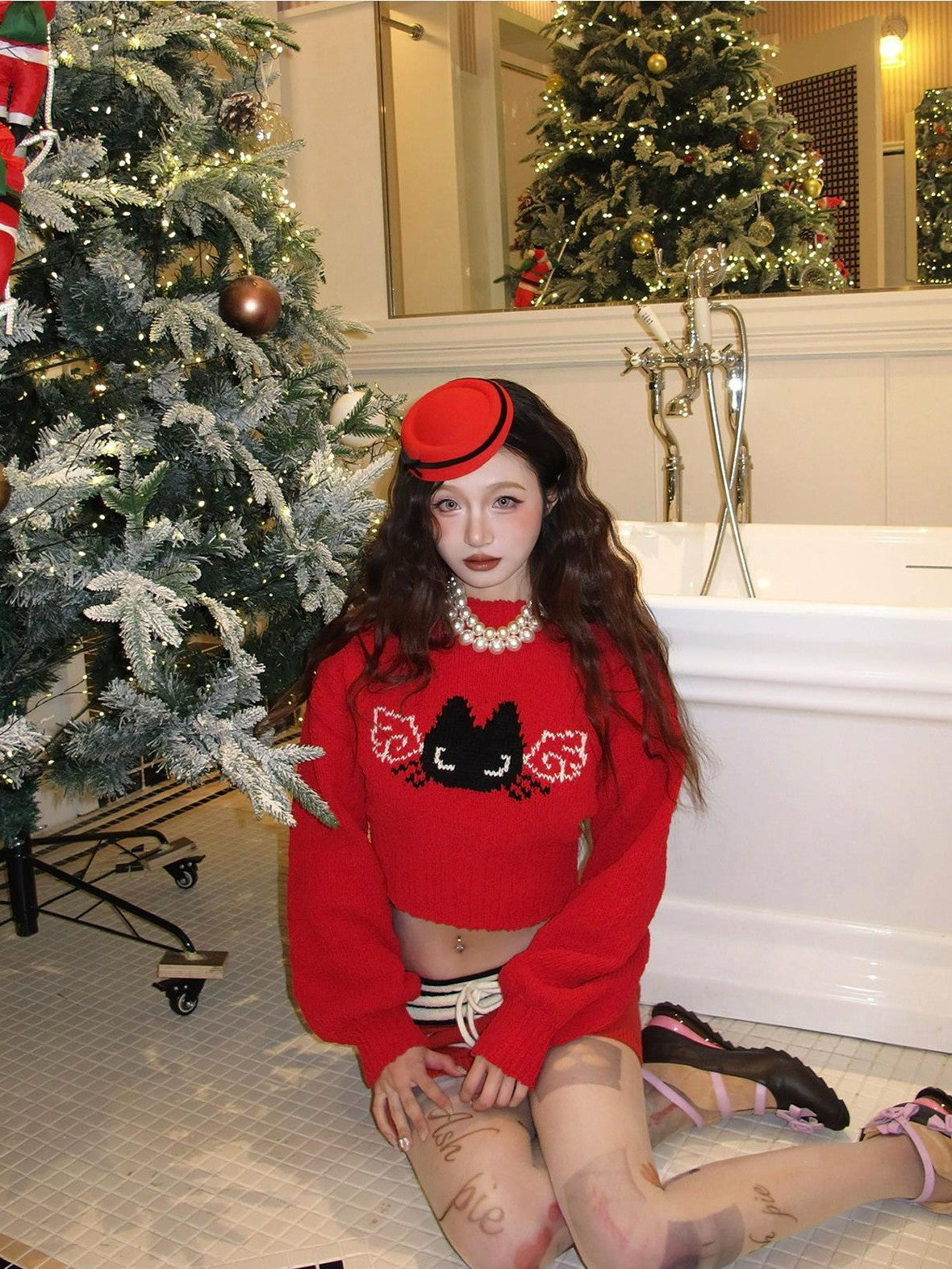 cidhiidhi Red Small Cat Jacquard Two Piece Long Sleeve High Waist Women's Knit Sweaters