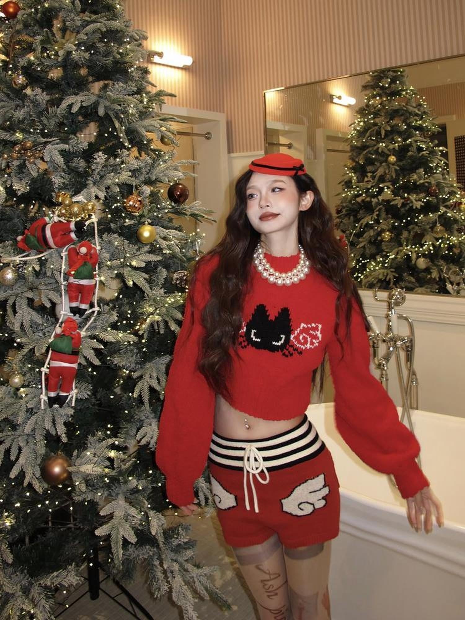 cidhiidhi Red Small Cat Jacquard Two Piece Long Sleeve High Waist Women's Knit Sweaters
