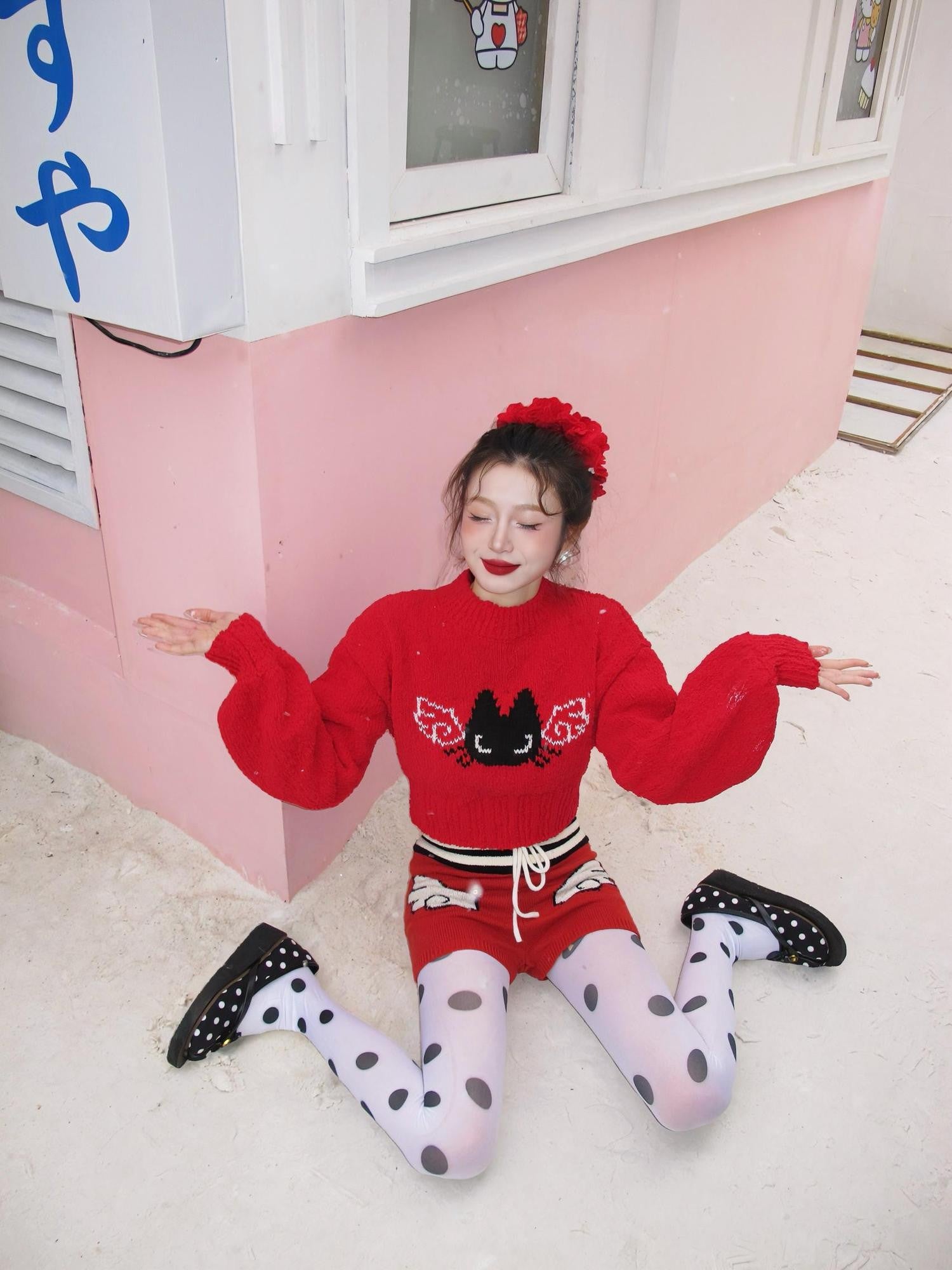 cidhiidhi Red Small Cat Jacquard Two Piece Long Sleeve High Waist Women's Knit Sweaters