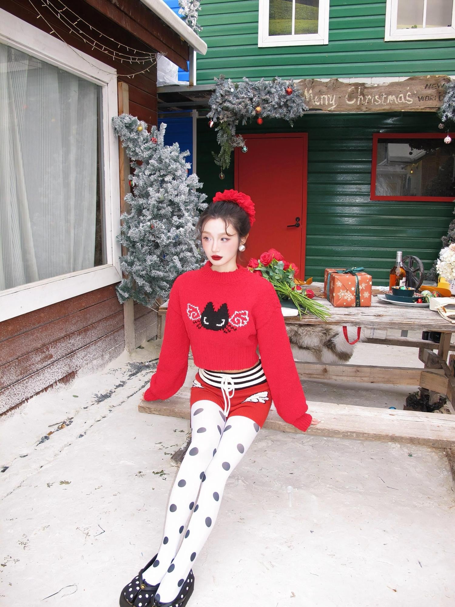 cidhiidhi Red Small Cat Jacquard Two Piece Long Sleeve High Waist Women's Knit Sweaters