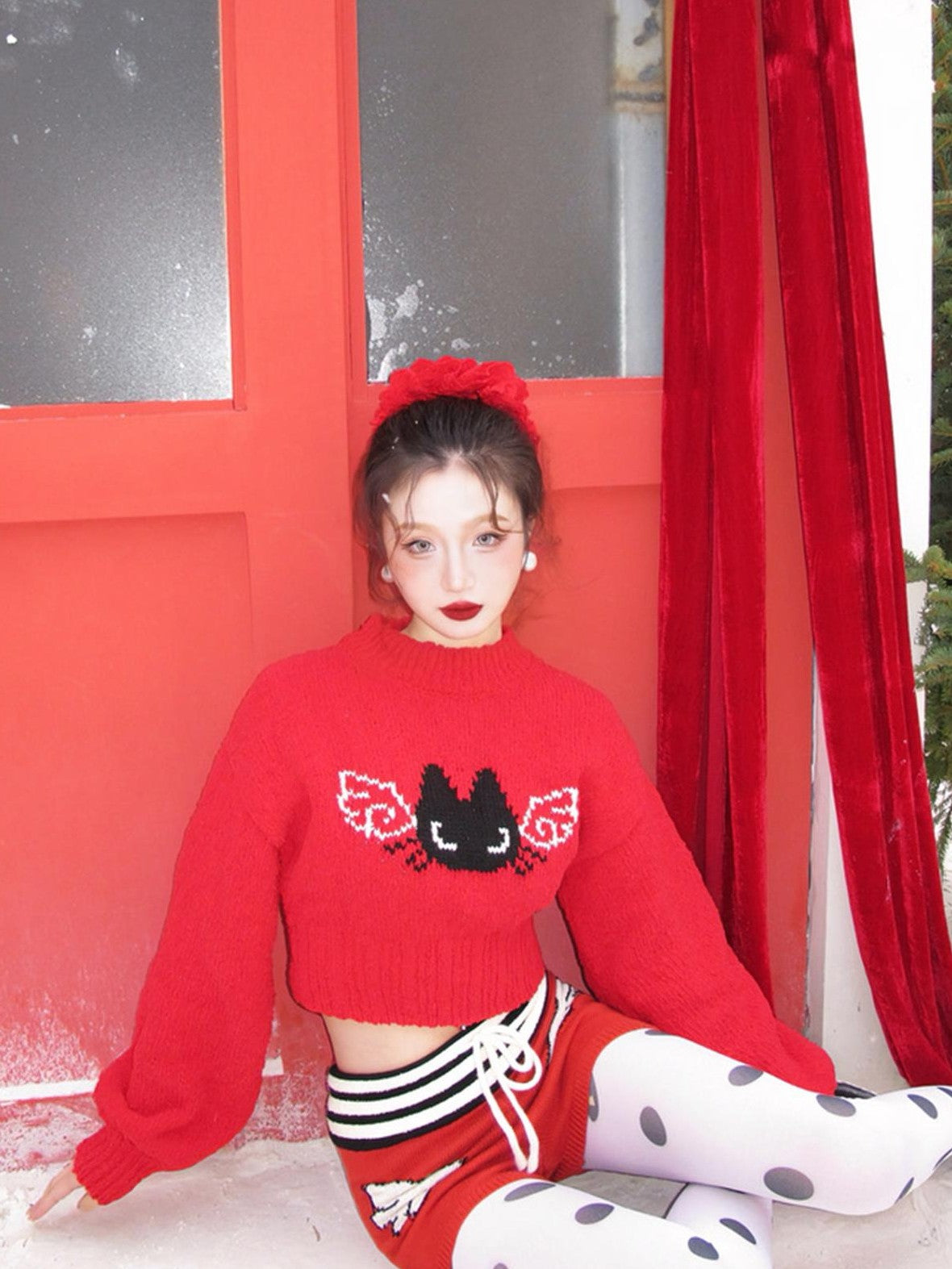 cidhiidhi Red Small Cat Jacquard Two Piece Long Sleeve High Waist Women's Knit Sweaters