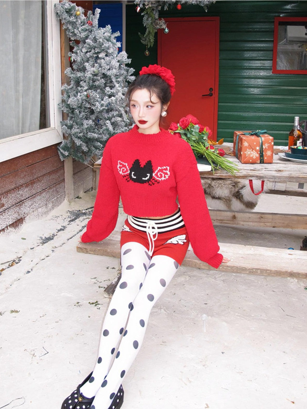 cidhiidhi Red Small Cat Jacquard Two Piece Long Sleeve High Waist Women's Knit Sweaters