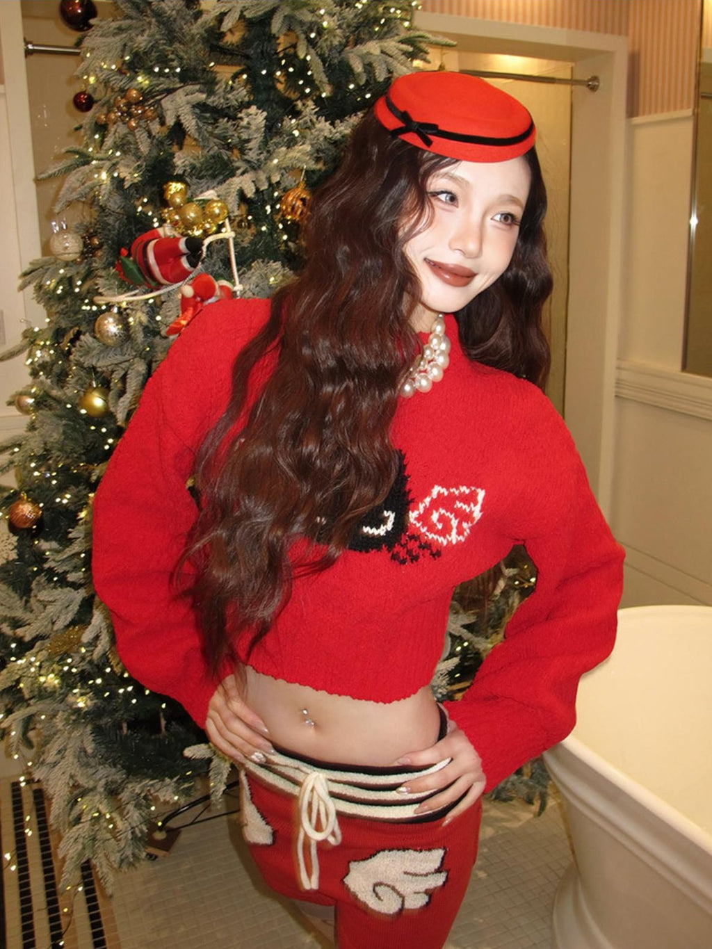 cidhiidhi Red Small Cat Jacquard Two Piece Long Sleeve High Waist Women's Knit Sweaters