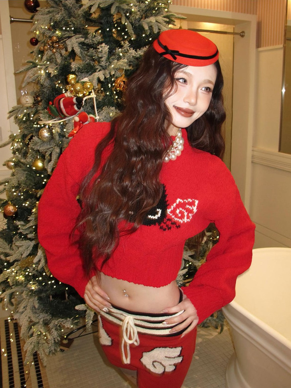 cidhiidhi Red Small Cat Jacquard Two Piece Long Sleeve High Waist Women's Knit Sweaters