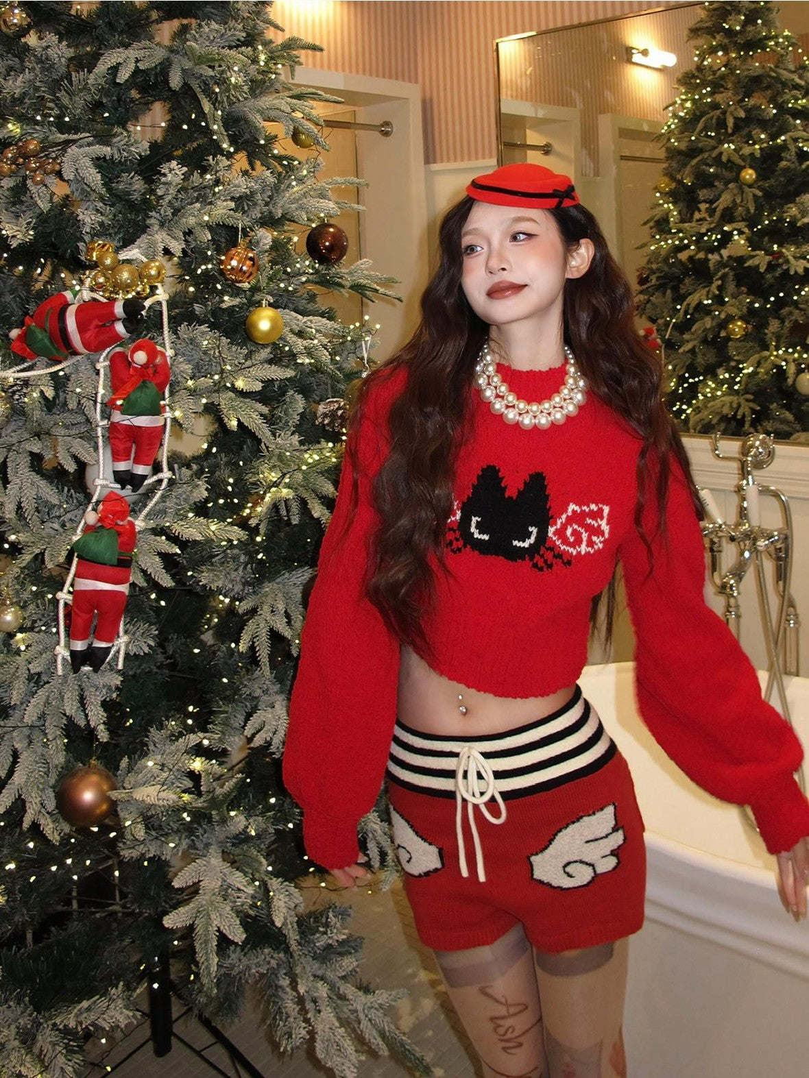 cidhiidhi Red Small Cat Jacquard Two Piece Long Sleeve High Waist Women's Knit Sweaters