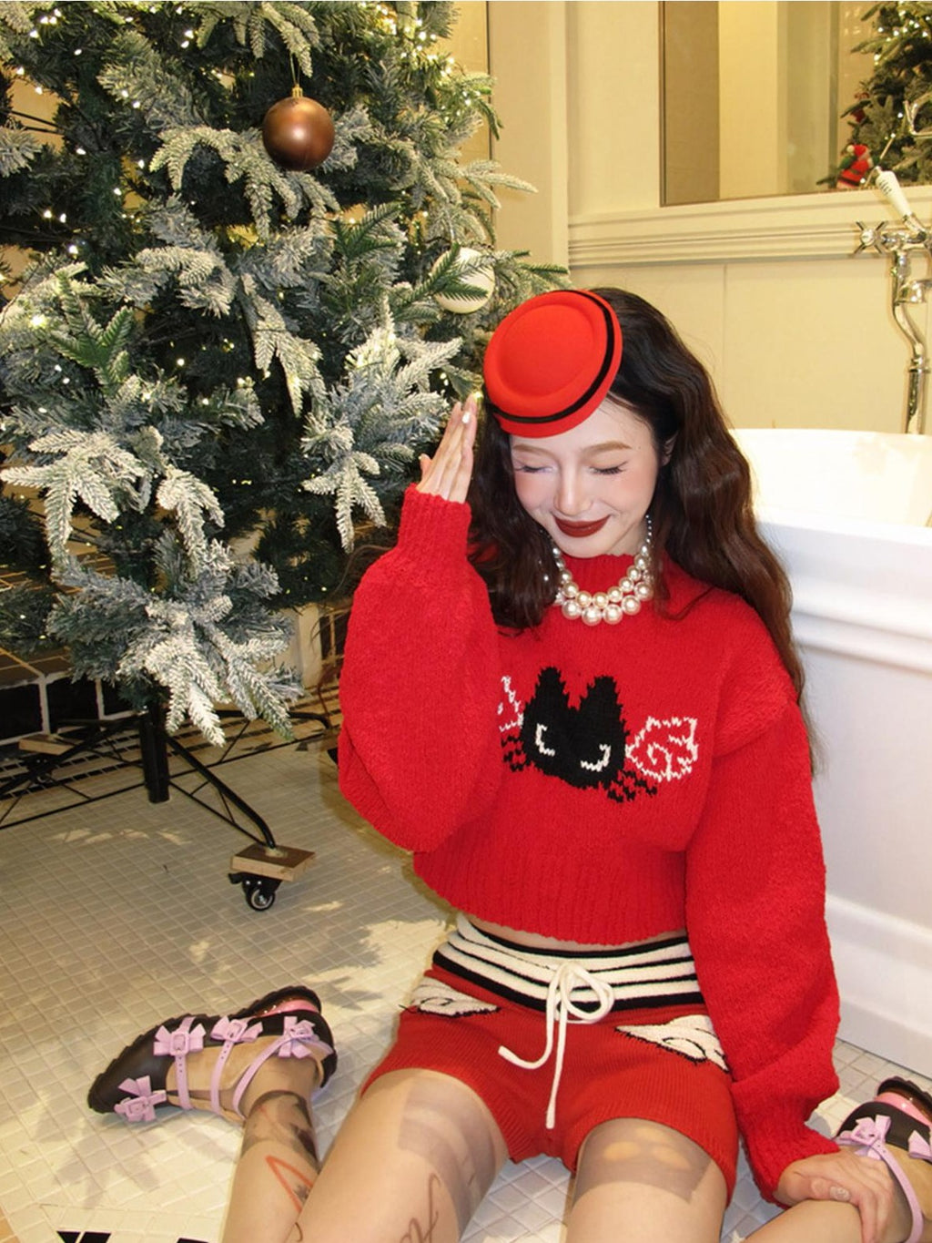 cidhiidhi Red Small Cat Jacquard Two Piece Long Sleeve High Waist Women's Knit Sweaters