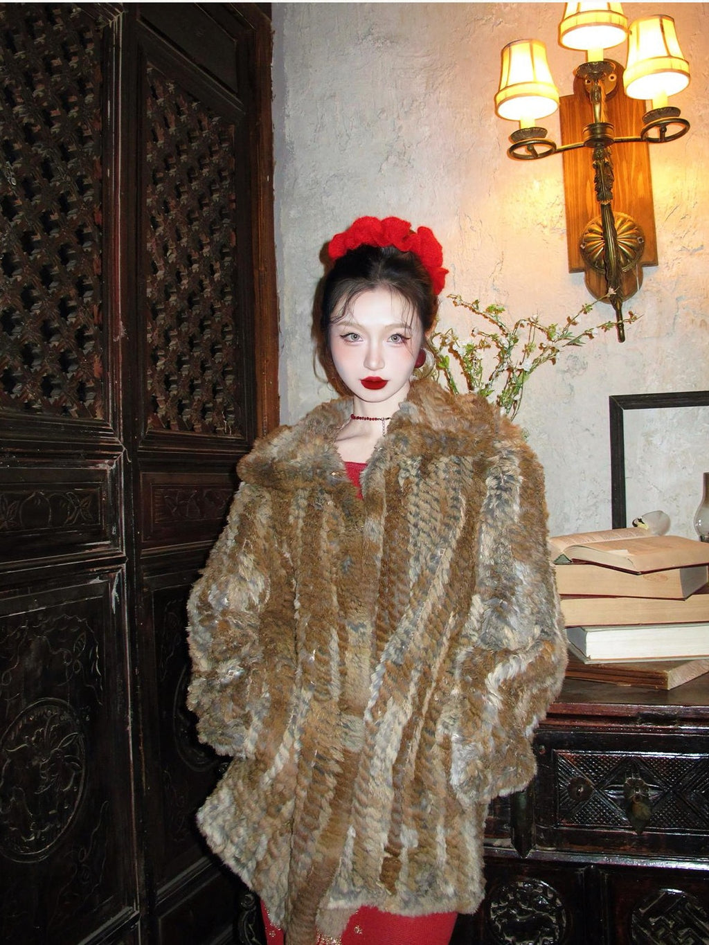 cidhiidhi Striped Woven Lapel Loose Vintage Women's Faux Rabbit Fur Faux Fur Coats