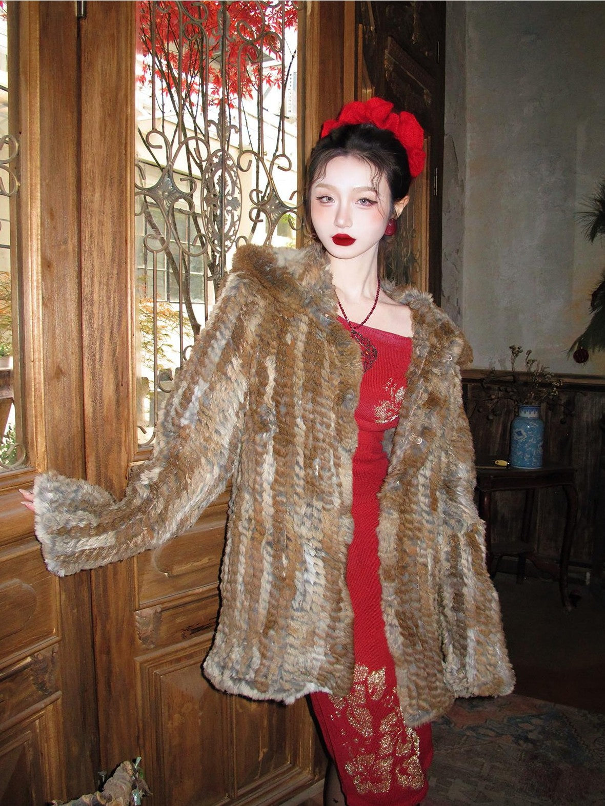 cidhiidhi Striped Woven Lapel Loose Vintage Women's Faux Rabbit Fur Faux Fur Coats