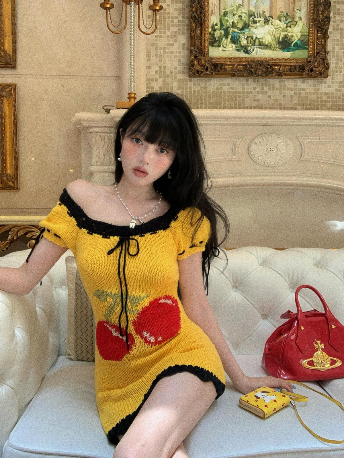 cidhiidhi Yellow Cherry Jacquard Puff Sleeve Lace Women's Cotton Blend Casual Mini Dresses