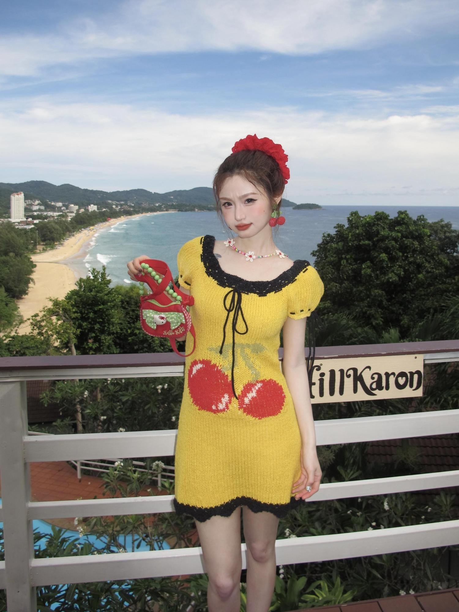 cidhiidhi Yellow Cherry Jacquard Puff Sleeve Lace Women's Cotton Blend Casual Mini Dresses