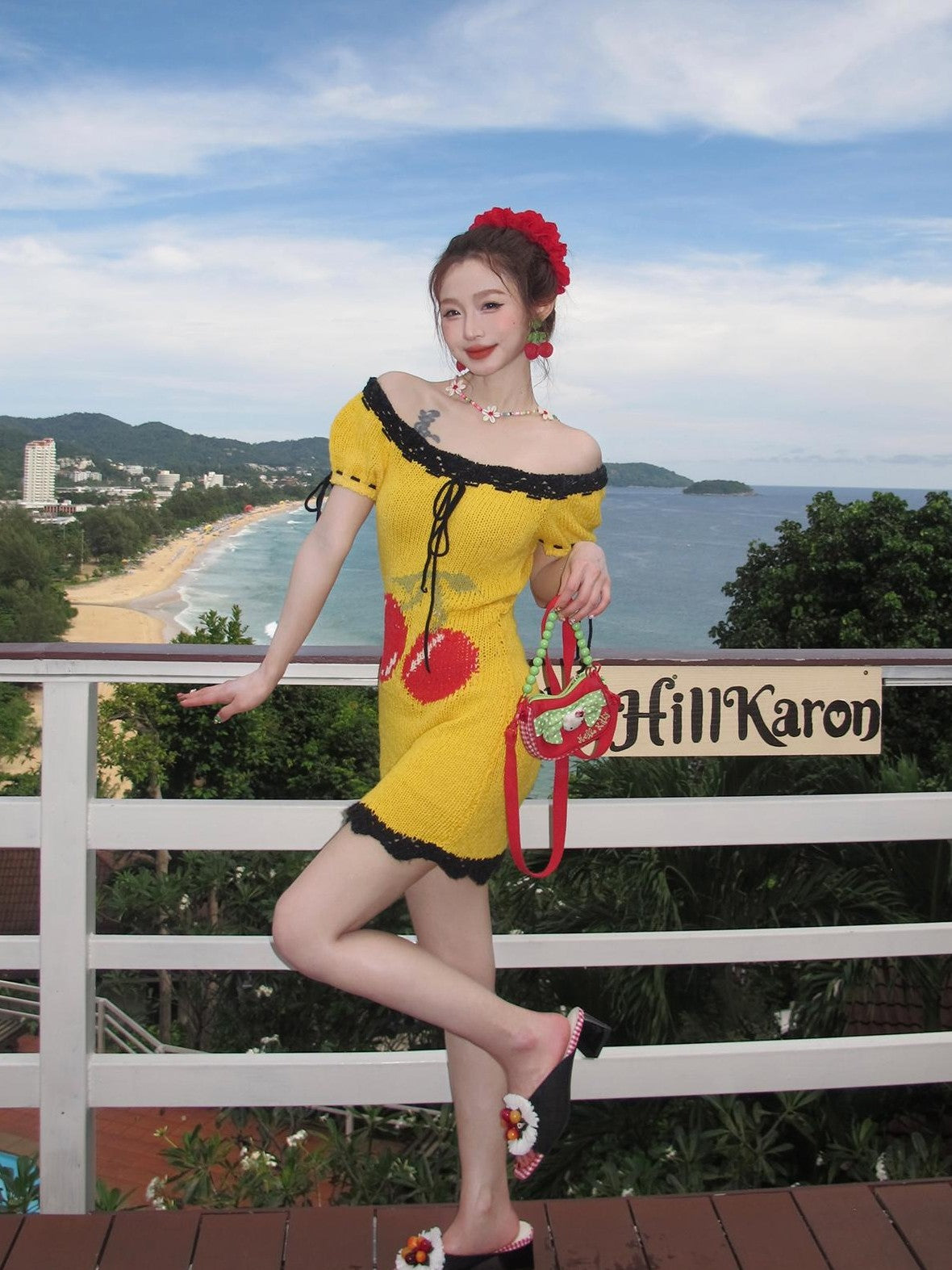 cidhiidhi Yellow Cherry Jacquard Puff Sleeve Lace Women's Cotton Blend Casual Mini Dresses