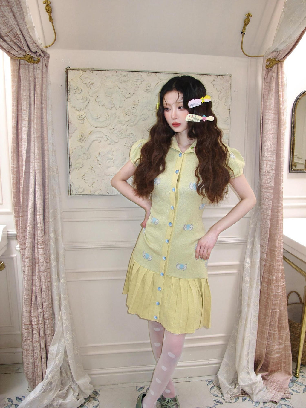 cidhiidhi Yellow Heart Jacquard Doll Collar Pleated Women's Wool Babydoll Mini Dresses