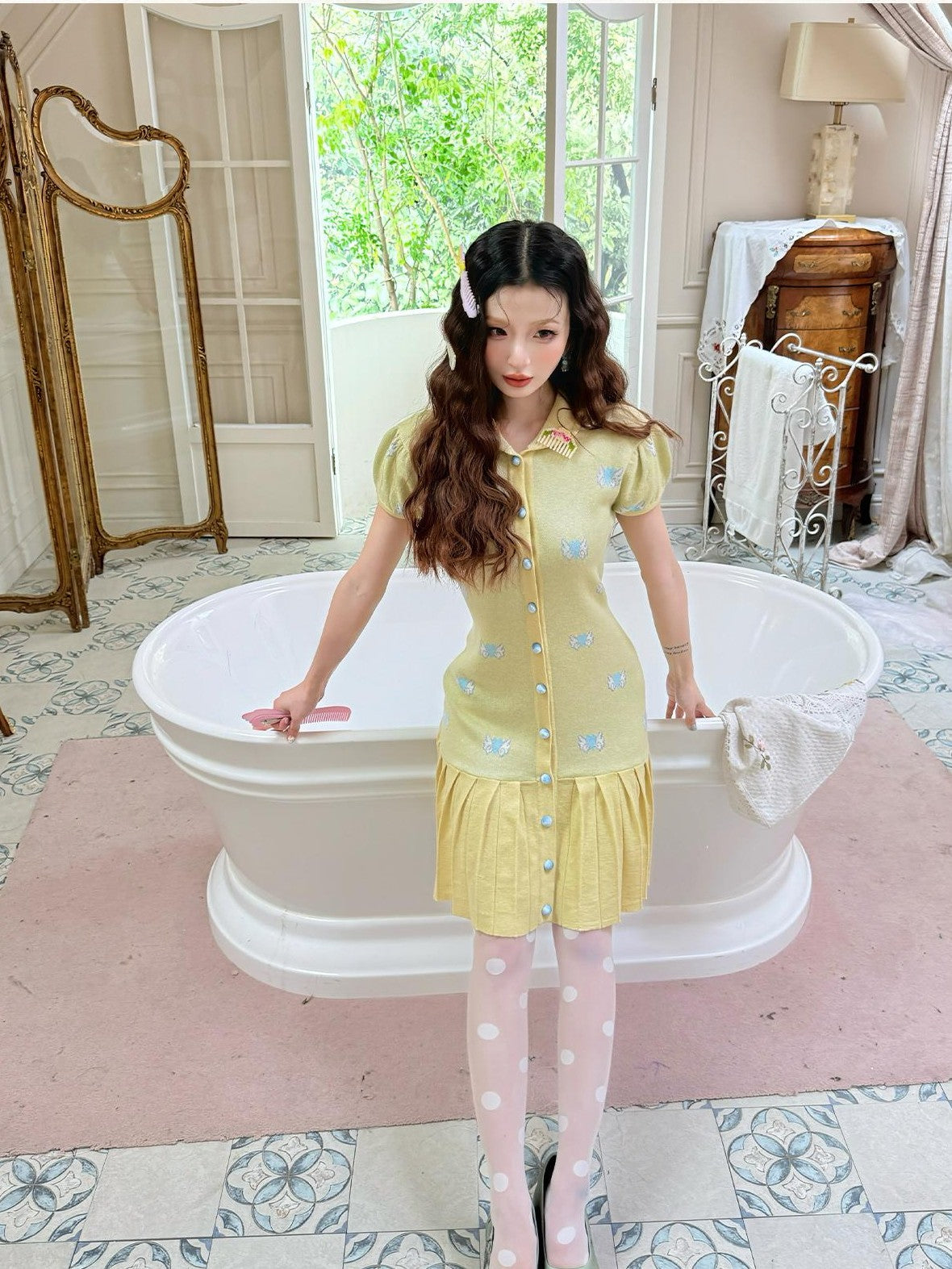 cidhiidhi Yellow Heart Jacquard Doll Collar Pleated Women's Wool Babydoll Mini Dresses