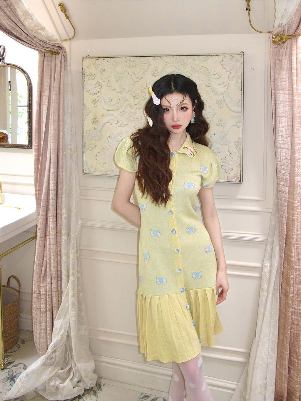 cidhiidhi Yellow Heart Jacquard Doll Collar Pleated Women's Wool Babydoll Mini Dresses