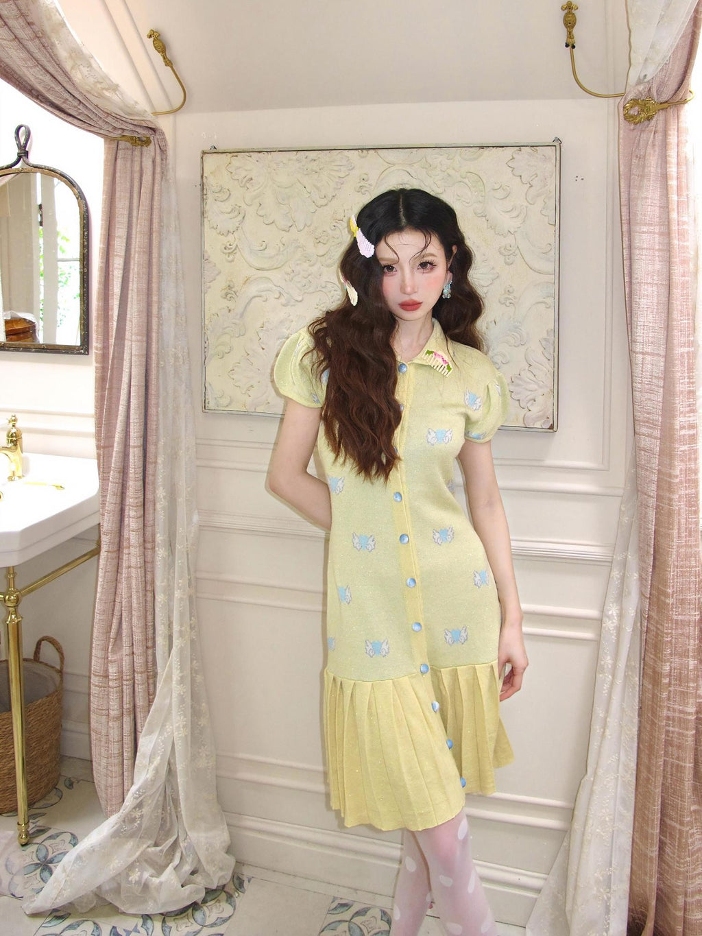 cidhiidhi Yellow Heart Jacquard Doll Collar Pleated Women's Wool Babydoll Mini Dresses