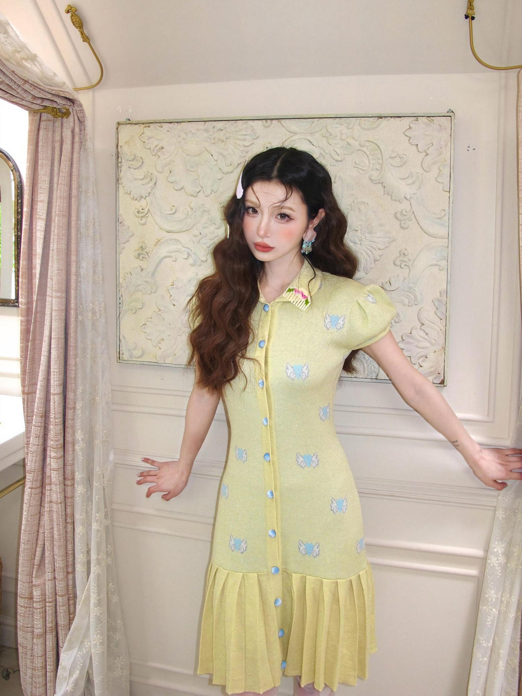 cidhiidhi Yellow Heart Jacquard Doll Collar Pleated Women's Wool Babydoll Mini Dresses