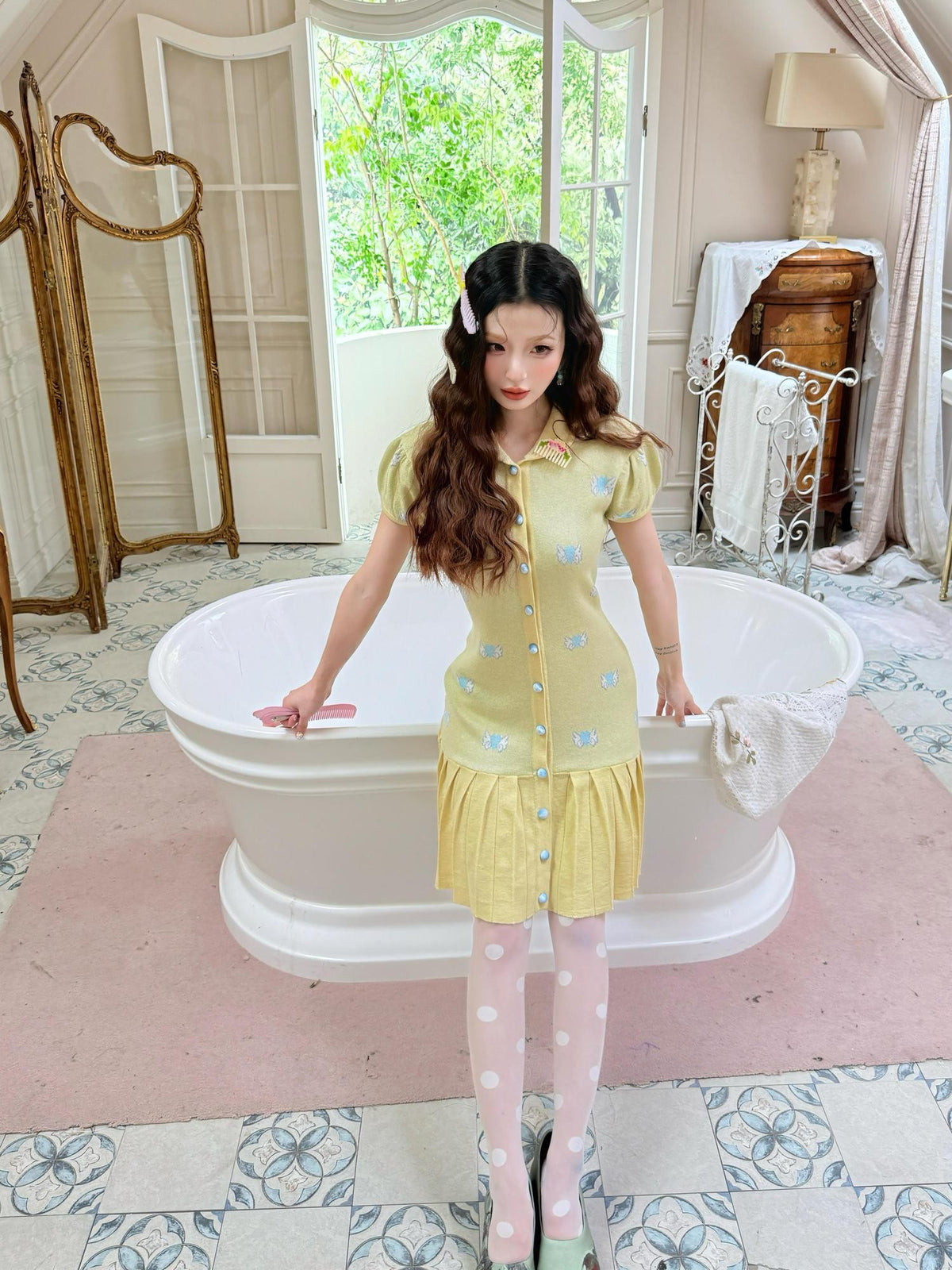 cidhiidhi Yellow Heart Jacquard Doll Collar Pleated Women's Wool Babydoll Mini Dresses