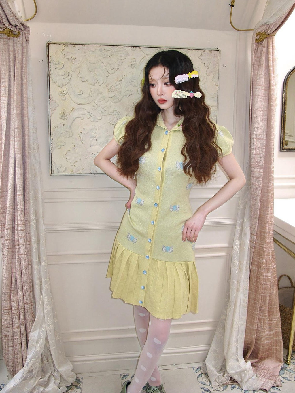 cidhiidhi Yellow Heart Jacquard Doll Collar Pleated Women's Wool Babydoll Mini Dresses