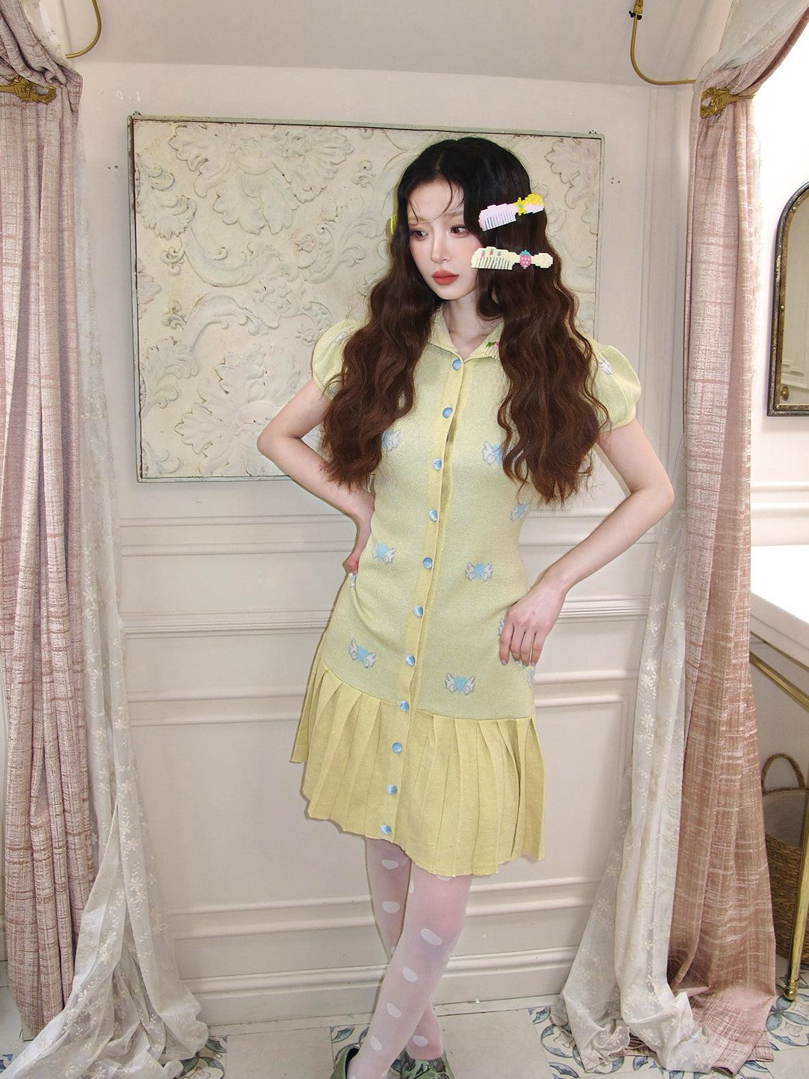 cidhiidhi Yellow Heart Jacquard Doll Collar Pleated Women's Wool Babydoll Mini Dresses