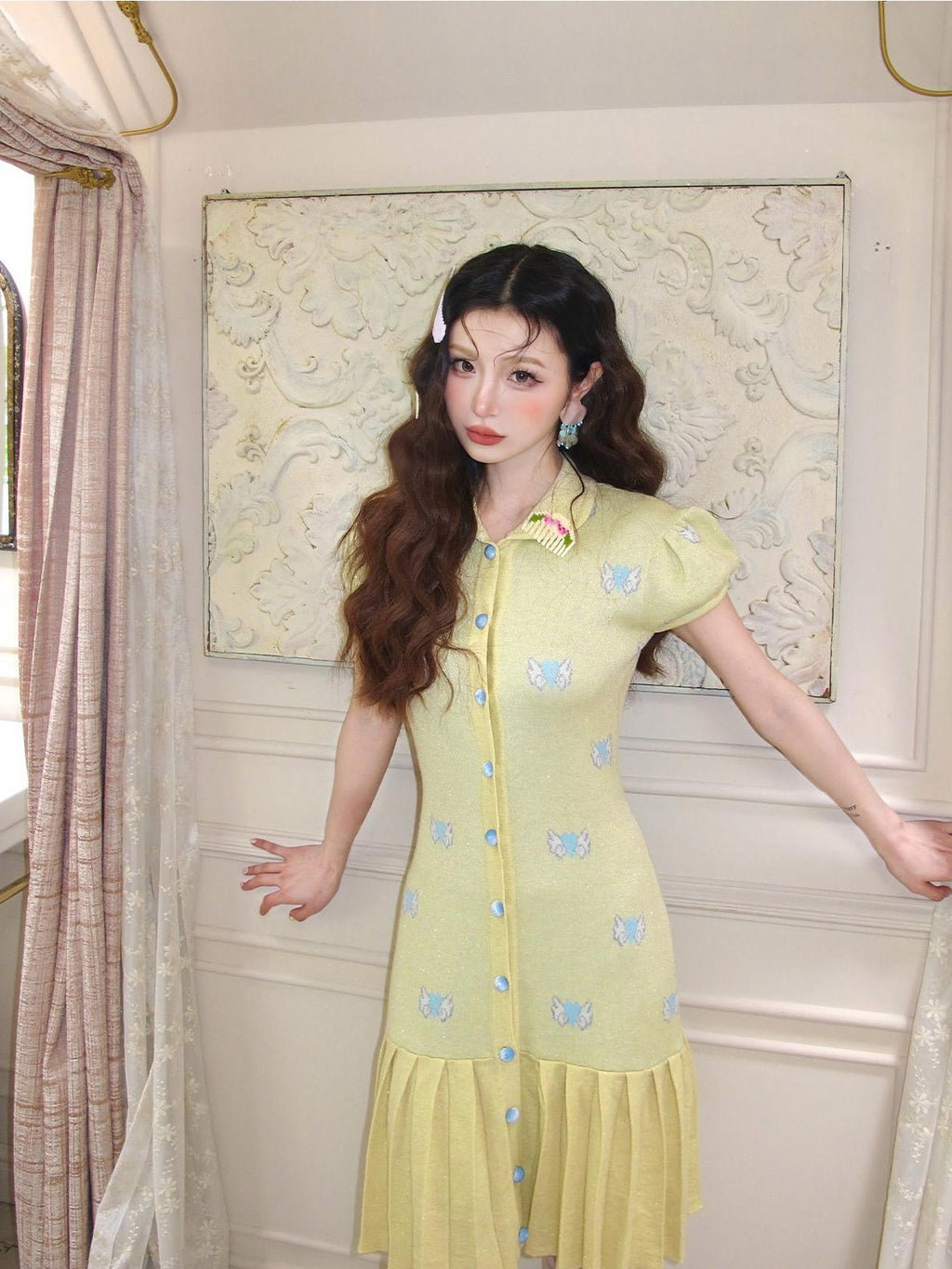 cidhiidhi Yellow Heart Jacquard Doll Collar Pleated Women's Wool Babydoll Mini Dresses