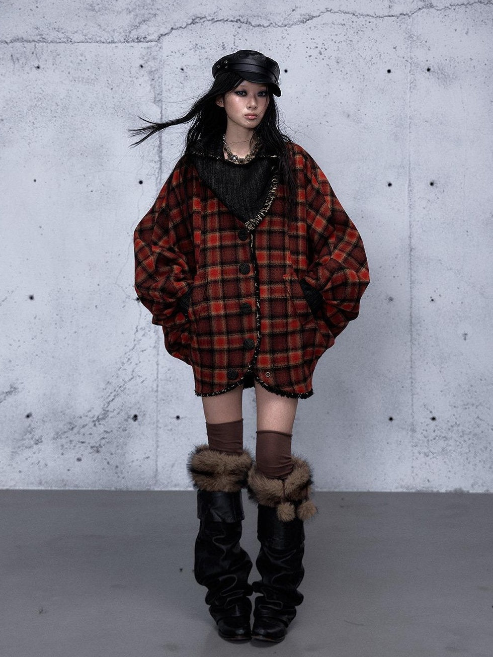 NO ROMANCE Thick Reversible Retro Batwing Sleeves Women Plaid Denim Red Casual Jackets