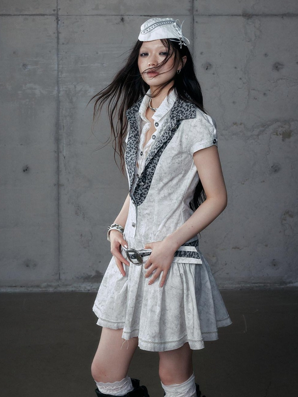 NO ROMANCE Layered Patchwork Polo Collar Slim Short Sleeve Travel Washed White Blouses