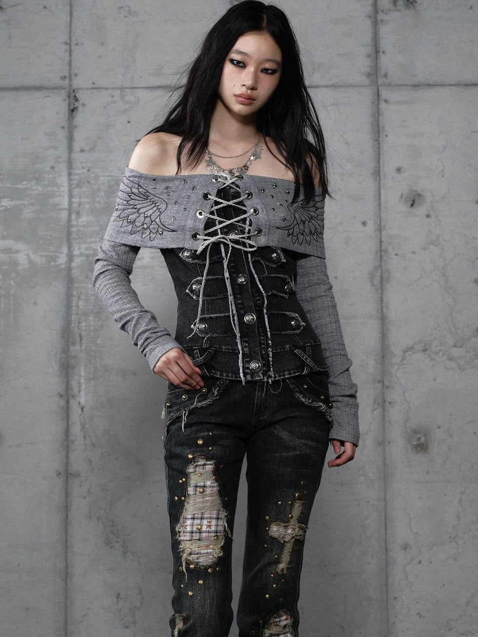 NO ROMANCE Vintage Patchwork Rhinestone Knit Women Washed Gray Long Sleeve T-Shirts