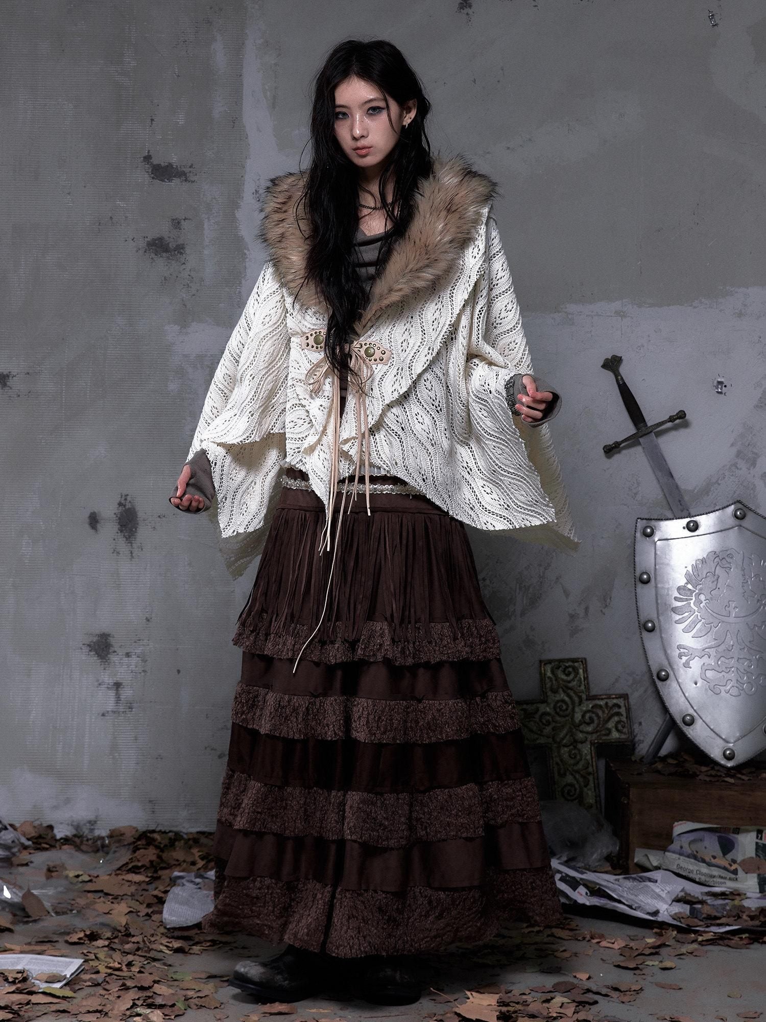 NO ROMANCE High Waist Court Tassel A Line Casual Brown No Stretch Maxi Skirts