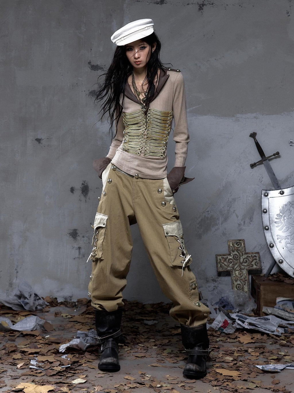 NO ROMANCE Pure Cotton Punk Patchwork Loose Fit Natural Waist Button Fly Women Pants Chinos