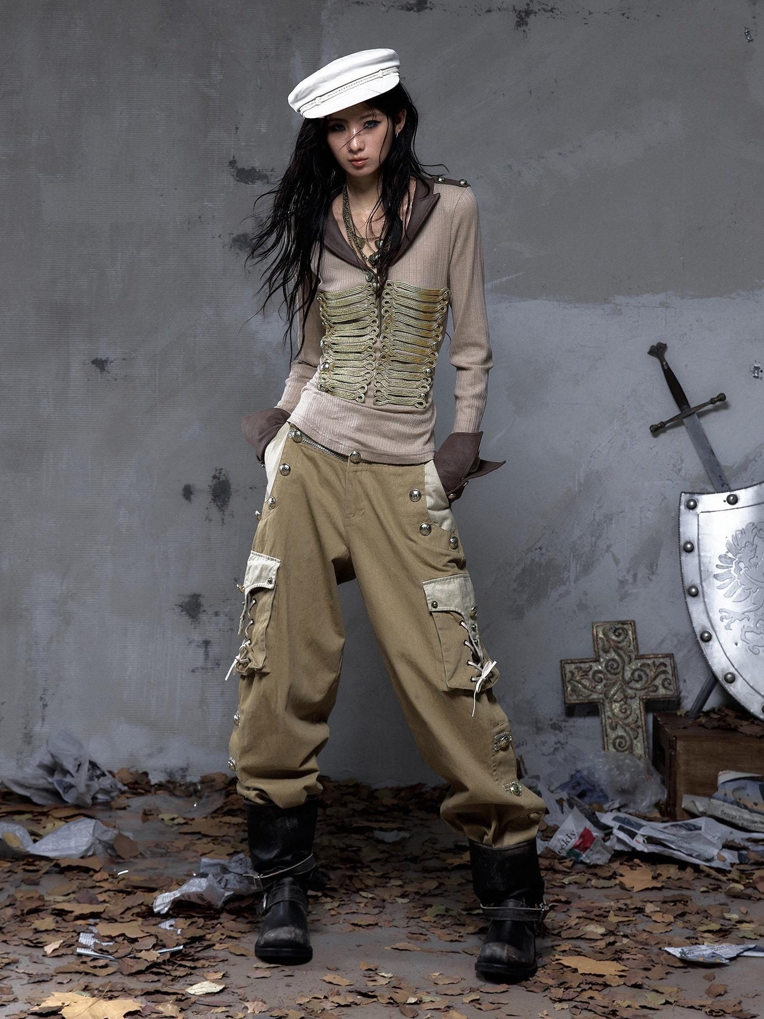 NO ROMANCE Pure Cotton Punk Patchwork Loose Fit Natural Waist Button Fly Women Pants Chinos