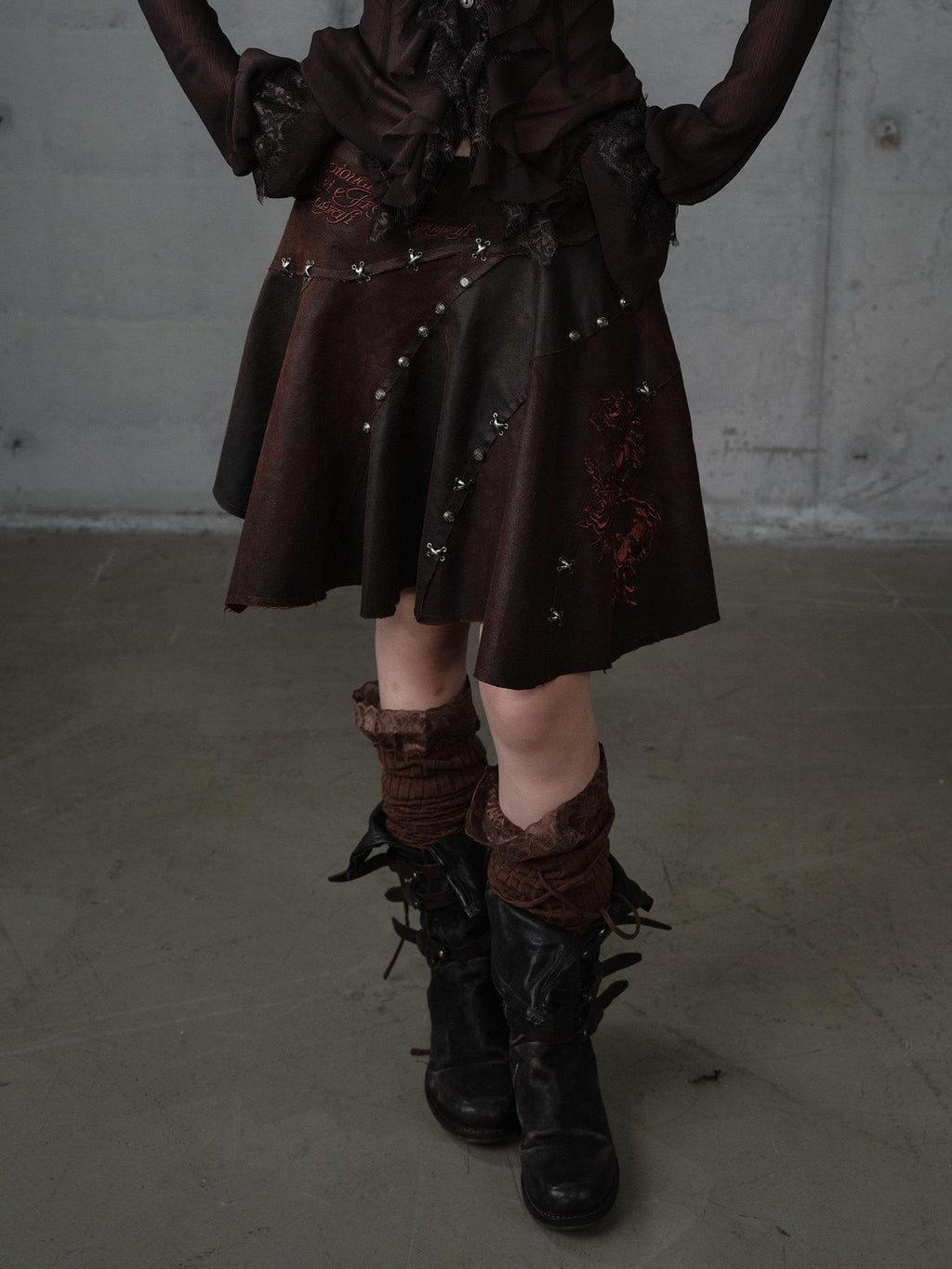 NO ROMANCE Embroidered Regal Asymmetric Mid Rise Loose Casual Girls Dark Brown Mini Skirts