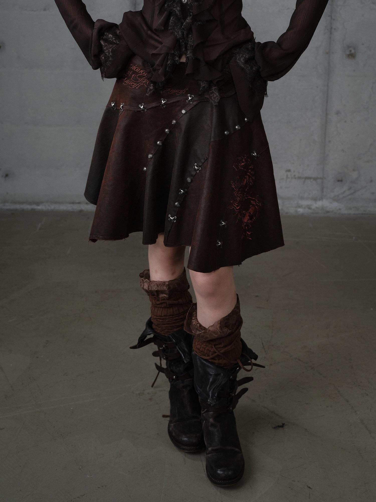 NO ROMANCE Embroidered Regal Asymmetric Mid Rise Loose Casual Girls Dark Brown Mini Skirts