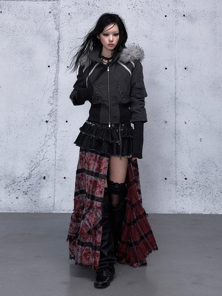 NO ROMANCE Edgy Punk Slim Fit Hooded Cropped Short Sleeve Zipper Women Puffer Jackets