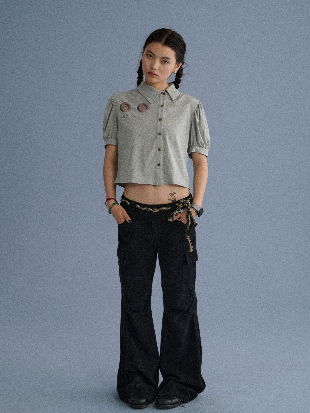 Achihara Blue Grey Buttoned Printed Collared Women'S Cotton Short Sleeve T-Shirts