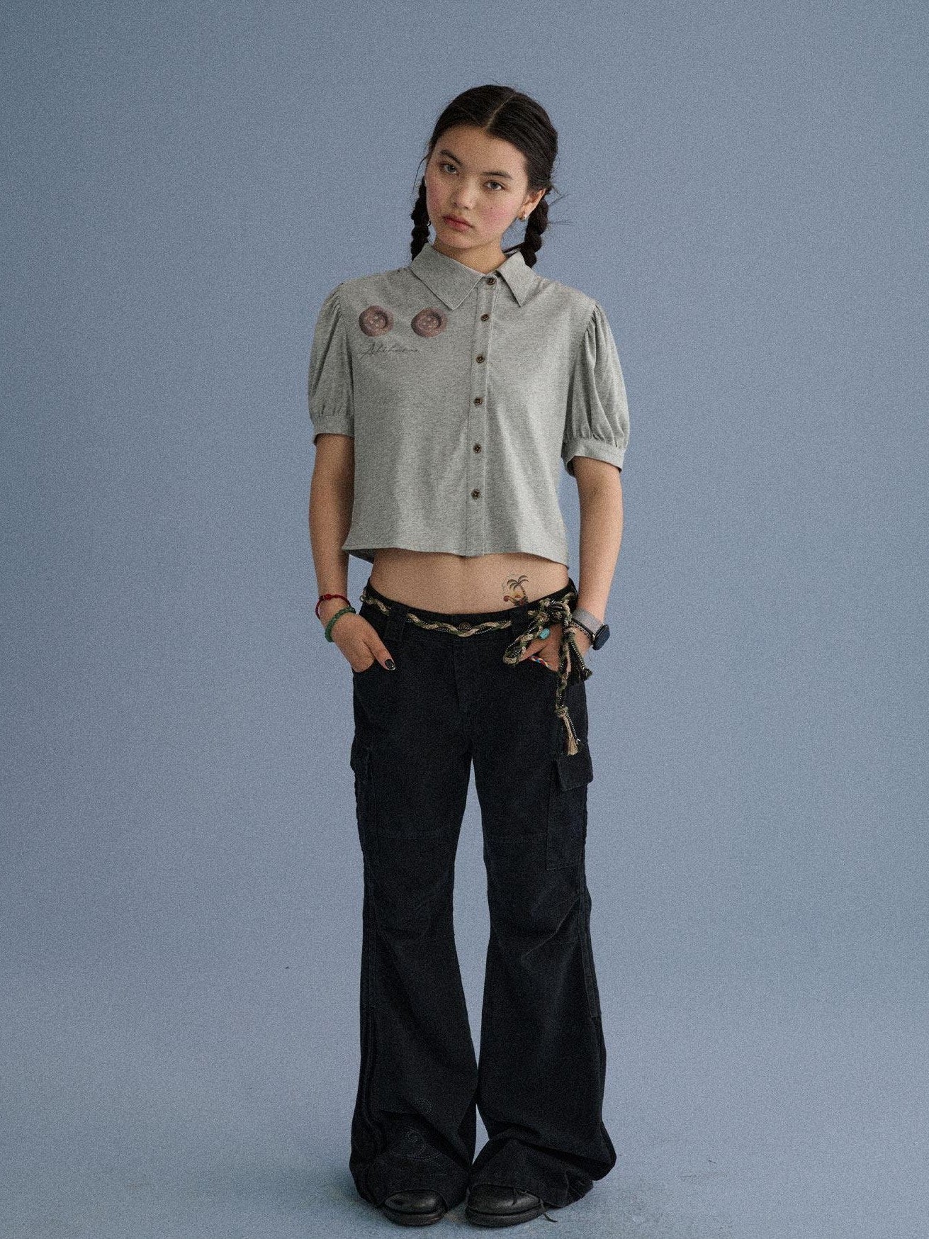 Achihara Blue Grey Buttoned Printed Collared Women'S Cotton Short Sleeve T-Shirts