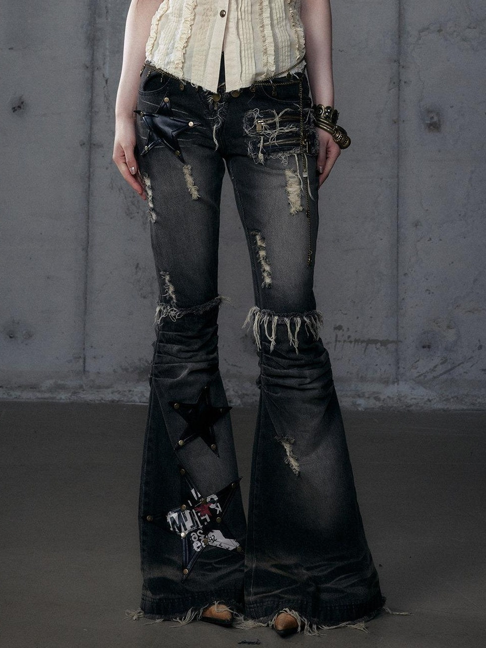 NO ROMANCE Vintage Washed Black Star Print High Waist Slim Fit Women Jeans Flare Jeans