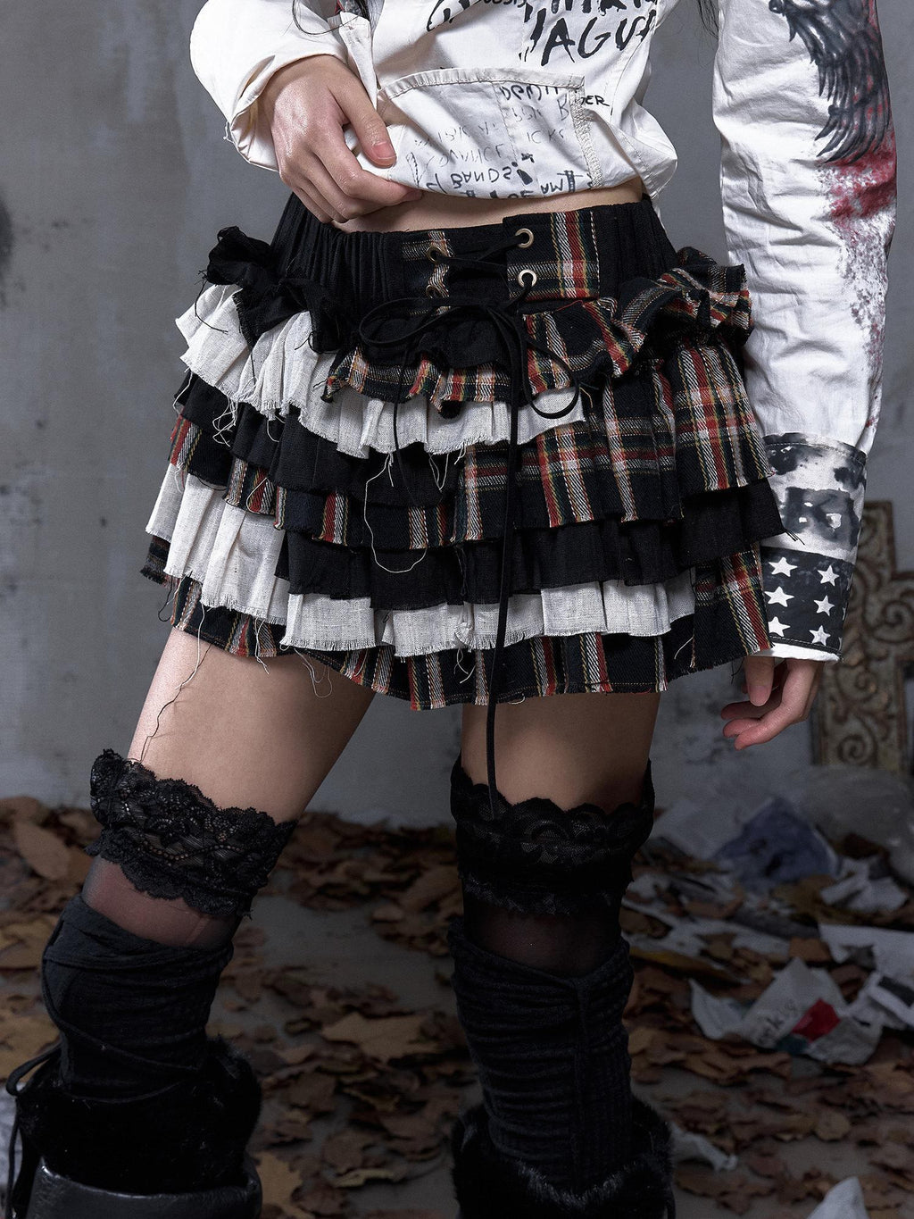 NO ROMANCE Layered Low Waist Punk Cake Skirt Loose Linen Cotton Youth Citywalk Mini Skirts