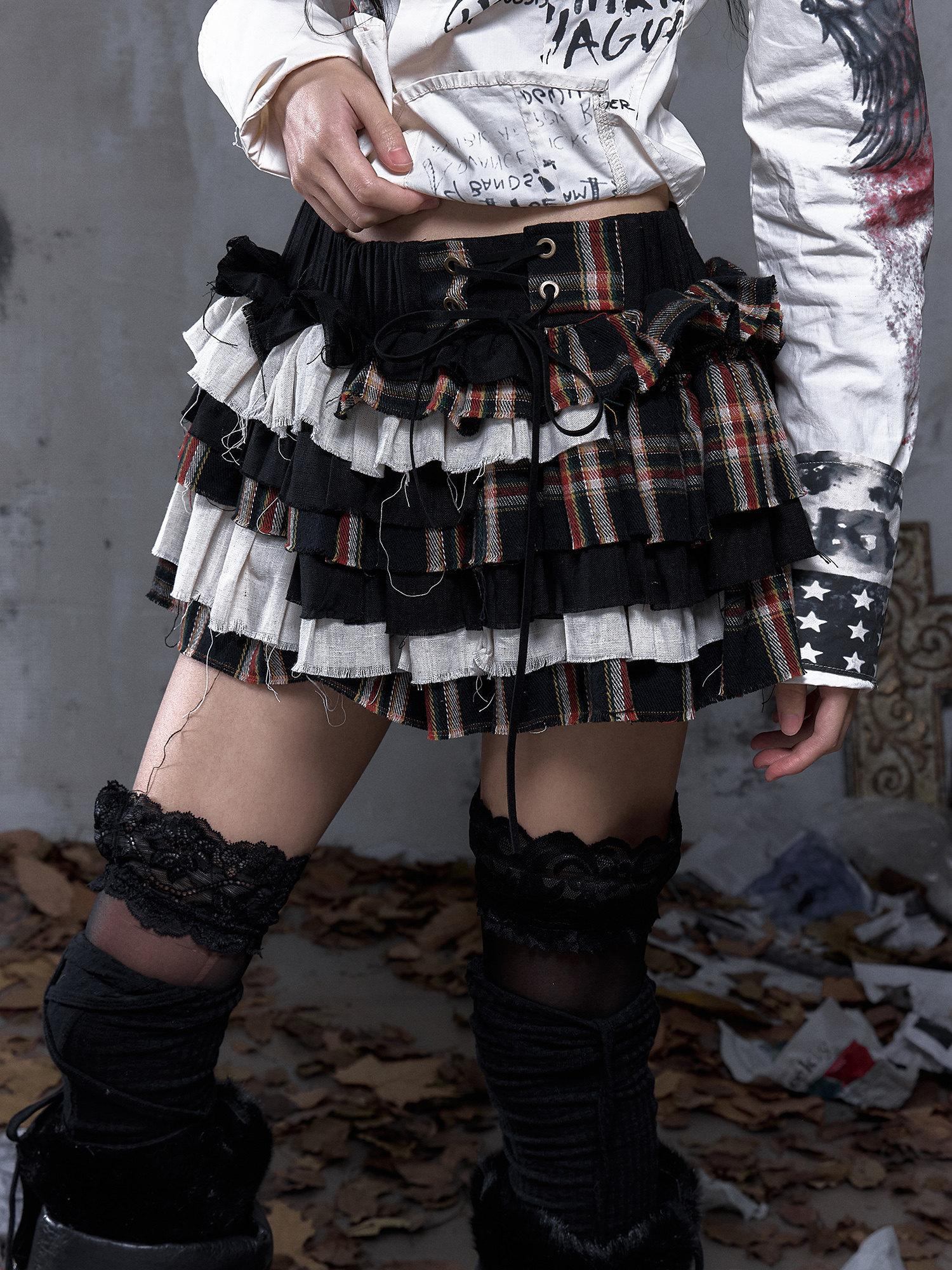 NO ROMANCE Layered Low Waist Punk Cake Skirt Loose Linen Cotton Youth Citywalk Mini Skirts