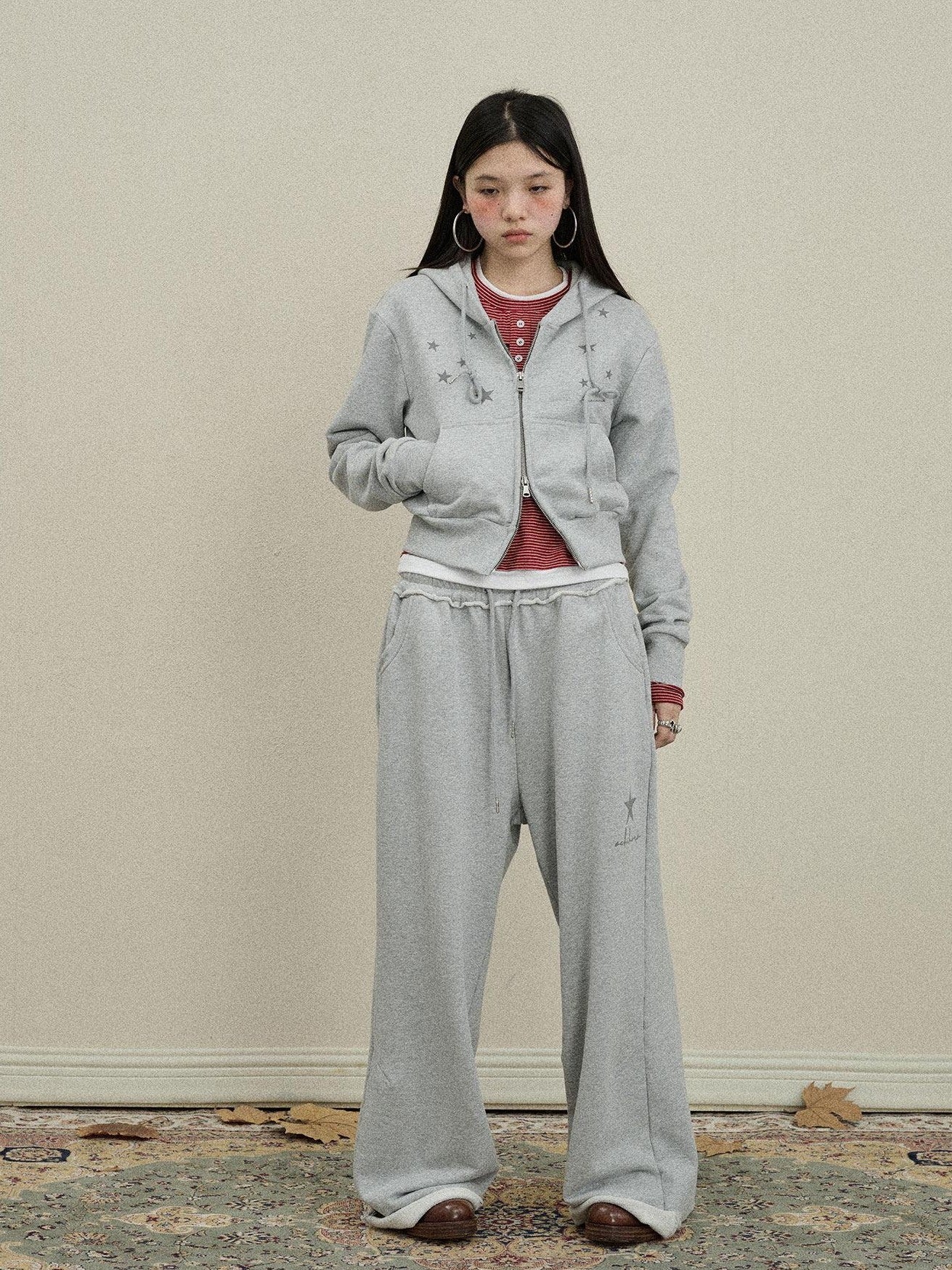 Achihara Star Print Cropped Zip Hooded Slim Fit Long Sleeve Women'S Cotton Hoodies