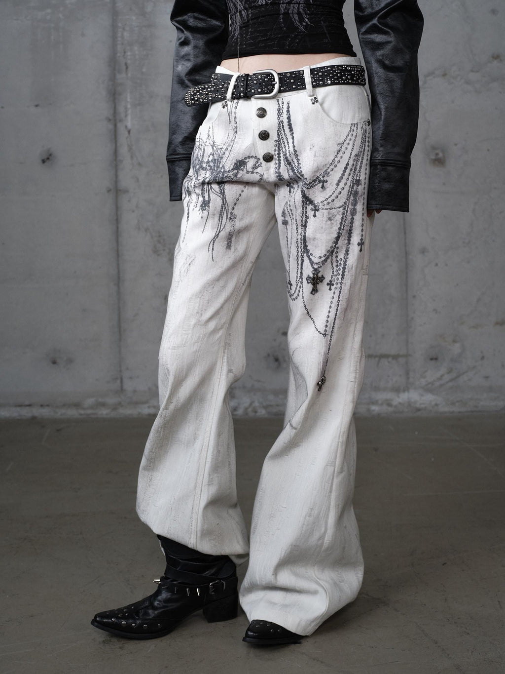 NO ROMANCE Dyed Punk Washed White Loose Fit Natural Waist Cotton Women Wide-Leg Jeans