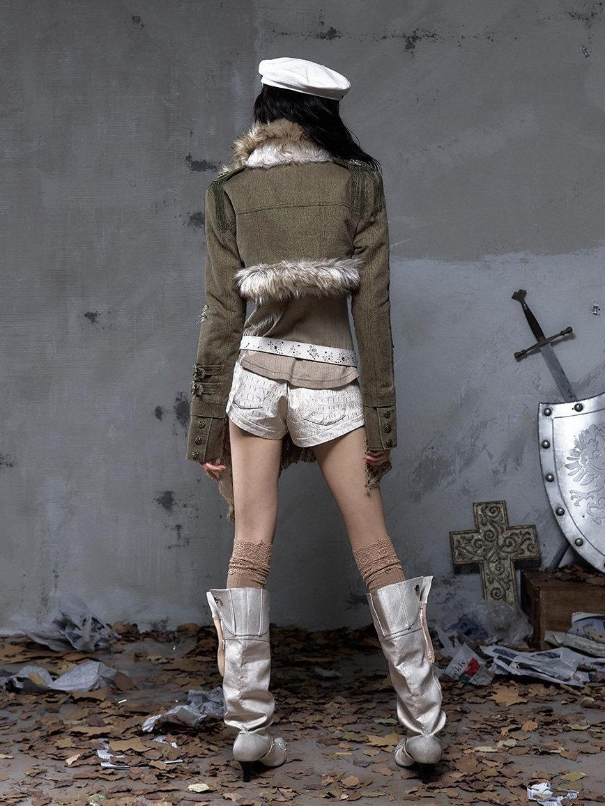 NO ROMANCE Distressed Vintage Slim Fit Cropped Long Sleeve Women Gold Khaki Casual Jackets