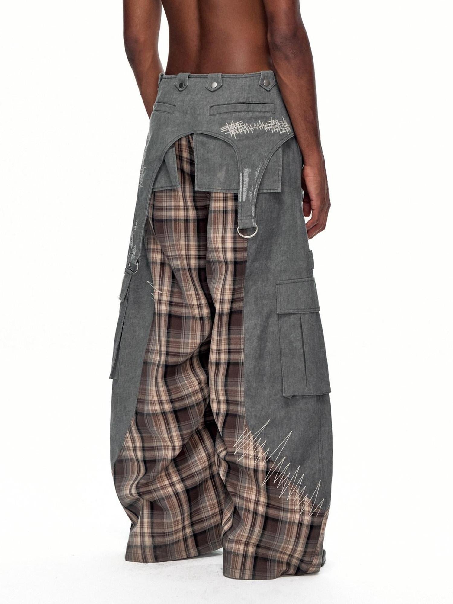 EMOBROTHER Wrinkle Free Embroidered Cargo Mid Rise Cotton Gray Casual Wide-Leg Pants